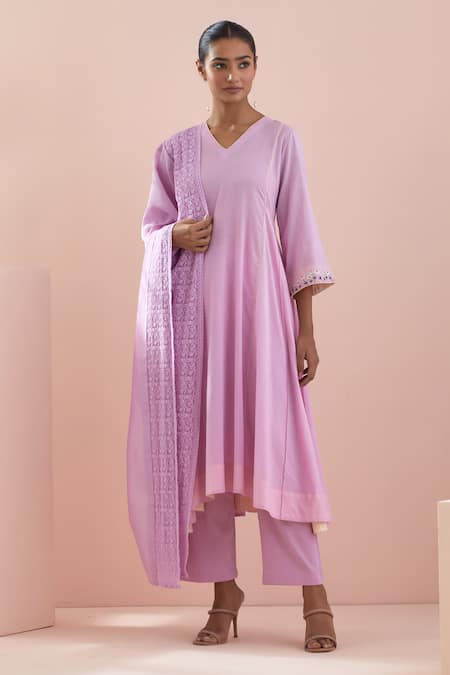 Vinusto Pink , Handloom Embroidery Floral Sleeve Kalidar Anarkali Pant Set