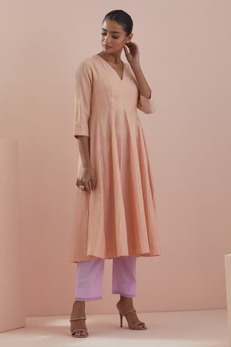 Buy_Vinusto_Peach Cotton, Chanderi Embroidery V-neck Panelled Anarkali Pant Set _Online_at_Aza_Fashions