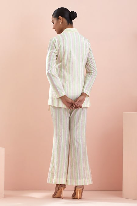 Shop Vinusto Off White Cotton Embroidery Collared Weave Pattern Tie-up Jacket And Pant Set at Aza Fashions Shop_Vinusto_Off White Cotton Embroidery Collared Weave Pattern Tie-up Jacket And Pant Set _at_Aza_Fashions