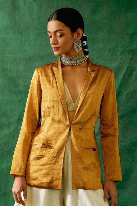Vinusto_Gold Handloom Cotton, Chanderi V-neck, Handwoven Zari Silk Jacket Palazzo Set _Online_at_Aza_Fashions