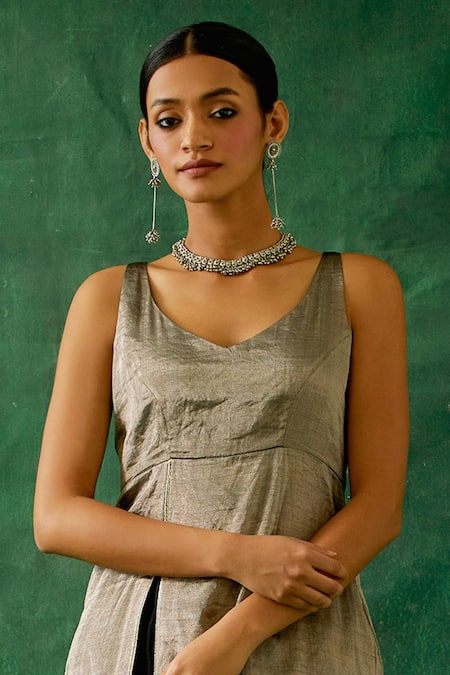 Vinusto_Black Cotton, Silk Zari Asymmetric Sleeveless Kurta And Dhoti Salwar Set _Online_at_Aza_Fashions