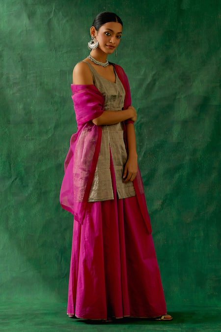 Shop_Vinusto_Black Cotton Zari Silk Kurta Sharara Set _Online_at_Aza_Fashions