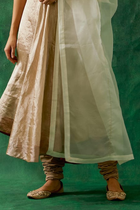 Vinusto_Beige Handloom , Handwoven Zari Silk Anarkali Churidar Set _Online_at_Aza_Fashions