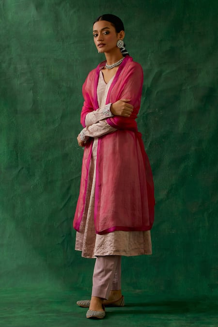 Vinusto Pink Handloom Cotton, Cotton, Kota Doria Handwoven Zari Silk Anarkali Pant Set Online at Aza Fashions Vinusto_Pink Handloom Cotton, Cotton, Kota Doria Handwoven Zari Silk Anarkali Pant Set _Online_at_Aza_Fashions
