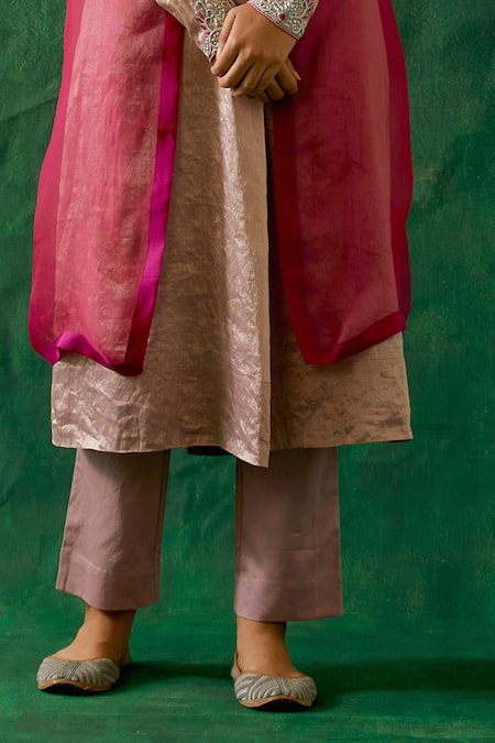 Shop Vinusto Pink Handloom Cotton, Cotton, Kota Doria Handwoven Zari Silk Anarkali Pant Set Online at Aza Fashions Shop_Vinusto_Pink Handloom Cotton, Cotton, Kota Doria Handwoven Zari Silk Anarkali Pant Set _Online_at_Aza_Fashions