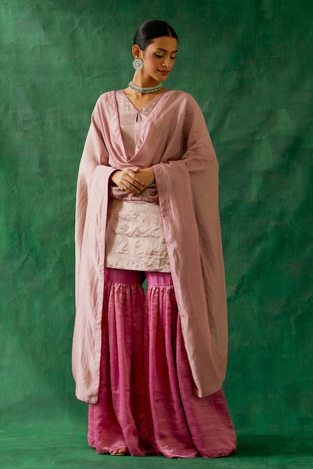 Vinusto Pink Handwoven Zari Silk V Neck Kurta Gharara Set 