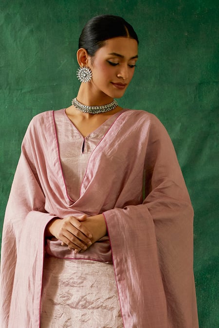 Vinusto_Pink , Handloom Cotton, Silk Zari Handwoven Kurta Gharara Set _Online_at_Aza_Fashions