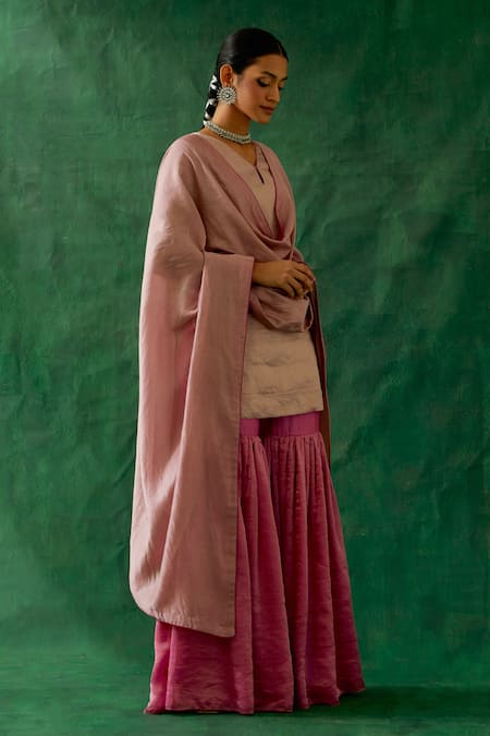 Shop_Vinusto_Pink , Handloom Cotton, Silk Zari Handwoven Kurta Gharara Set _Online_at_Aza_Fashions
