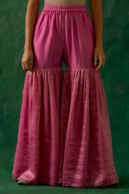 Vinusto_Pink , Handloom Cotton, Silk Zari Handwoven Kurta Gharara Set _at_Aza_Fashions