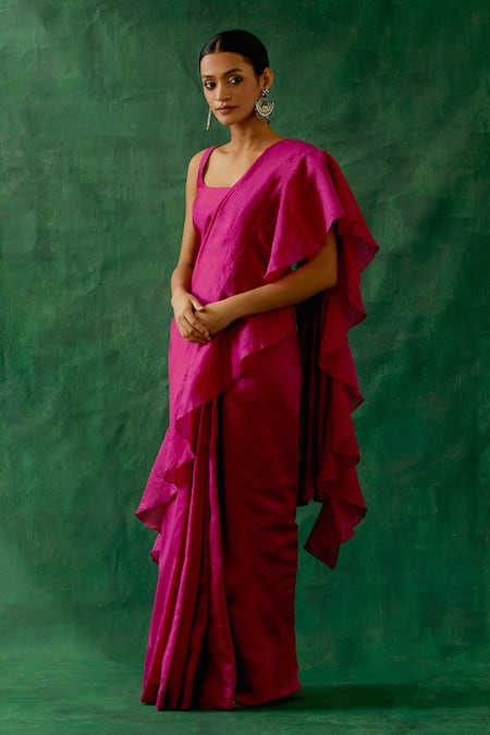 Buy_Vinusto_Pink Chanderi Square Neck Handwoven Ruffle Saree Set _Online_at_Aza_Fashions