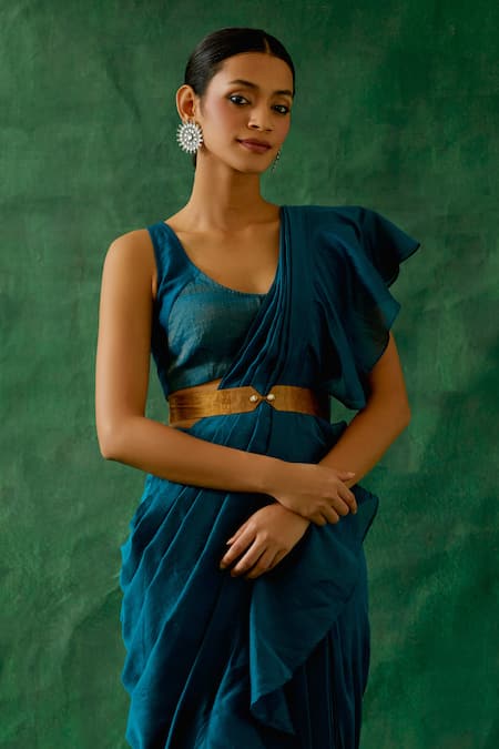 Vinusto_Blue Chanderi Zari, Embroidery Round Neck Handwoven Ruffle Saree Set _Online_at_Aza_Fashions