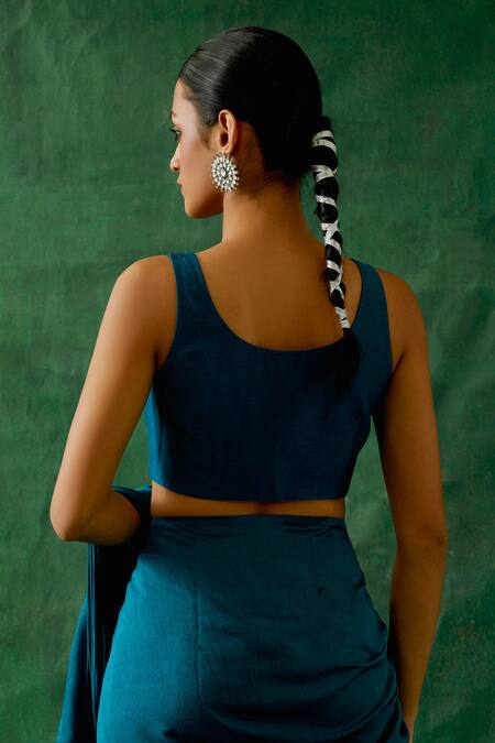 Shop_Vinusto_Blue Chanderi Zari, Embroidery Round Neck Handwoven Ruffle Saree Set _Online_at_Aza_Fashions