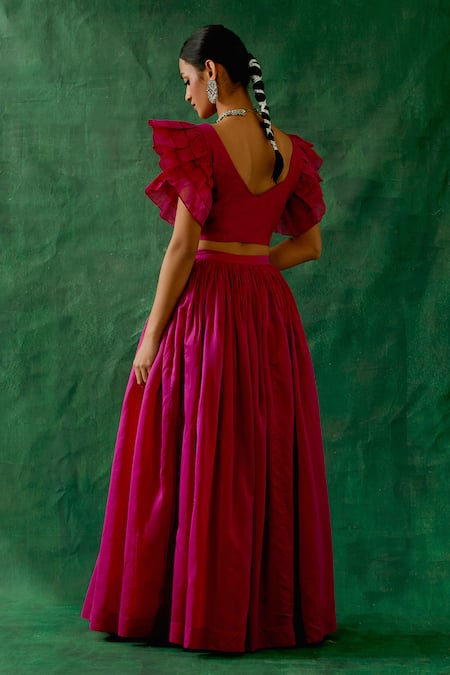 Vinusto Handwoven Chanderi Ruffle Blouse With Lehenga 