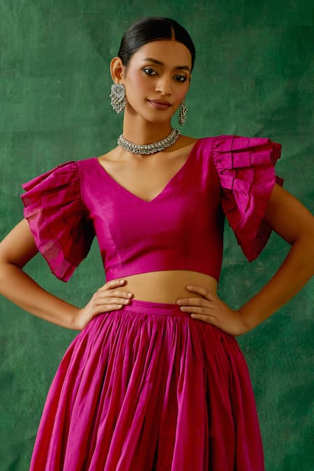 Vinusto_Pink Chanderi V-neck Handwoven Ruffle Blouse With Lehenga _Online_at_Aza_Fashions