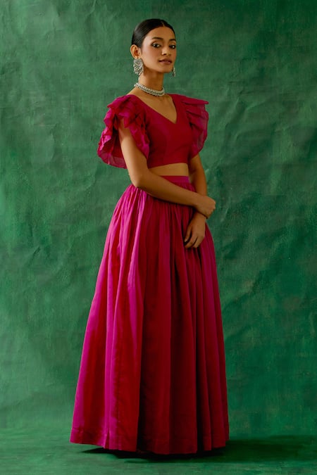 Buy_Vinusto_Pink Chanderi V-neck Handwoven Ruffle Blouse With Lehenga _Online_at_Aza_Fashions