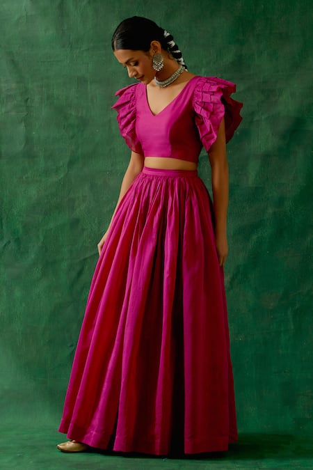 Shop_Vinusto_Pink Chanderi V-neck Handwoven Ruffle Blouse With Lehenga _Online_at_Aza_Fashions