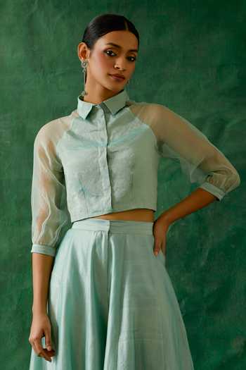 Vinusto Green Handloom Cotton, Chanderi Zari Handwoven Silk Crop Top With Palazzo Online at Aza Fashions Vinusto_Green Handloom Cotton, Chanderi Zari Handwoven Silk Crop Top With Palazzo _Online_at_Aza_Fashions