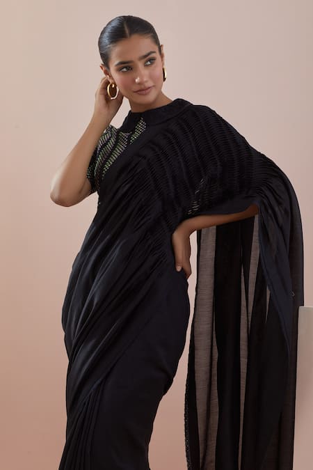 Vinusto_Black Chanderi, Cotton Embroidery Collared Handwoven Pintucks Saree With Blouse _Online_at_Aza_Fashions