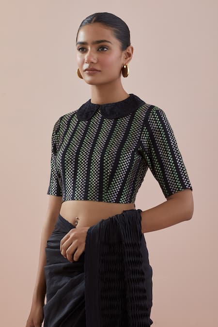 Buy_Vinusto_Black Chanderi, Cotton Embroidery Collared Handwoven Pintucks Saree With Blouse _Online_at_Aza_Fashions