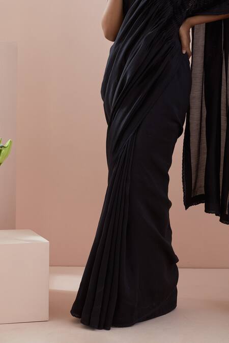Shop_Vinusto_Black Chanderi, Cotton Embroidery Collared Handwoven Pintucks Saree With Blouse _Online_at_Aza_Fashions