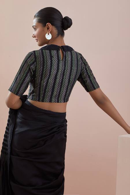 Vinusto_Black Chanderi, Cotton Embroidery Collared Handwoven Pintucks Saree With Blouse _at_Aza_Fashions