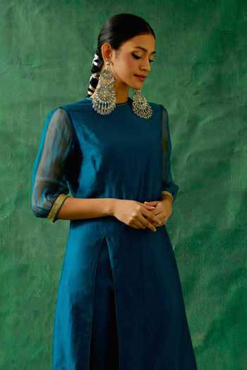 Vinusto_Blue Chanderi Collared Handwoven Straight Kurta With Pant _Online_at_Aza_Fashions