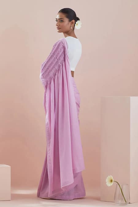 Shop Vinusto Pink , Satin Lace V-neck Embroidered Pintuck Saree With Blouse at Aza Fashions Shop_Vinusto_Pink , Satin Lace V-neck Embroidered Pintuck Saree With Blouse _at_Aza_Fashions