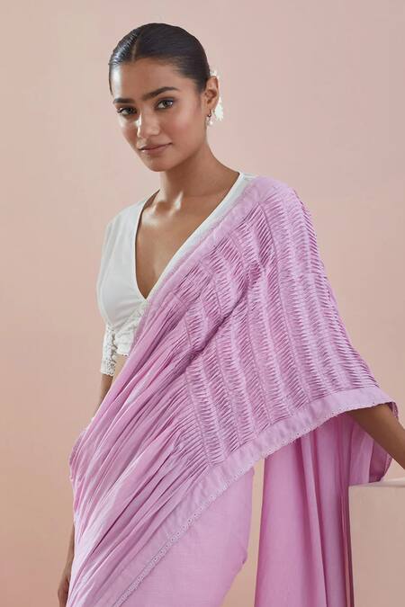 Vinusto Pink , Satin Lace V-neck Embroidered Pintuck Saree With Blouse Online at Aza Fashions Vinusto_Pink , Satin Lace V-neck Embroidered Pintuck Saree With Blouse _Online_at_Aza_Fashions