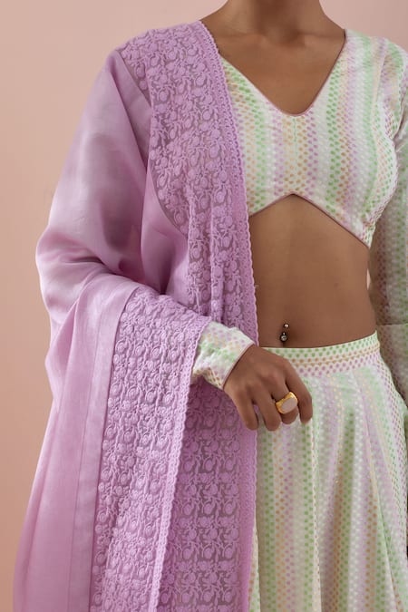 Vinusto_Off White Cotton, Chanderi Tassels, Embroidery Textured Floral Lehenga Set _Online_at_Aza_Fashions