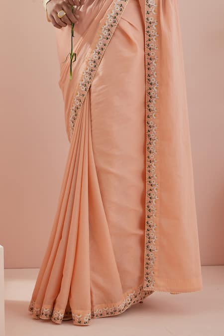 Buy_Vinusto_Peach Cotton Embroidery Round Neck Floral Thread Saree With Blouse _Online_at_Aza_Fashions
