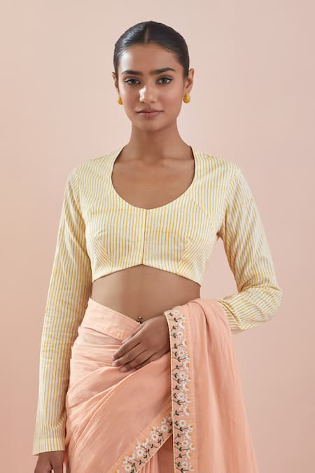 Shop_Vinusto_Peach Cotton Embroidery Round Neck Floral Thread Saree With Blouse _Online_at_Aza_Fashions