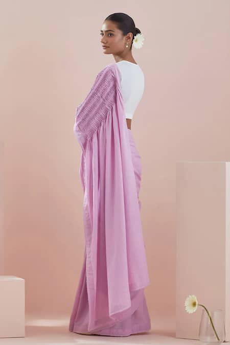 Shop Vinusto Pink Cotton Lace Embroidered Pintuck Saree at Aza Fashions Shop_Vinusto_Pink Cotton Lace Embroidered Pintuck Saree _at_Aza_Fashions