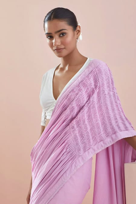 Vinusto Pink Cotton Lace Embroidered Pintuck Saree Online at Aza Fashions Vinusto_Pink Cotton Lace Embroidered Pintuck Saree _Online_at_Aza_Fashions