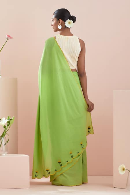 Shop_Vinusto_Green Cotton Embroidery Floral Thread Scallop Saree _at_Aza_Fashions