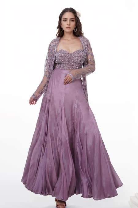 COUTURE BY NIHARIKA Purple Embroidered Floral Sweetheart Jacket Lehenga Set 