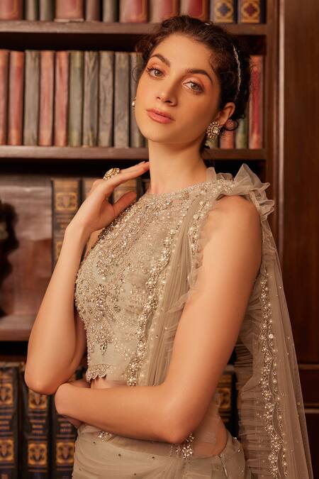 Shop_Cherie D_Grey Silk, Tulle Enigma Stardust Embellished Pre Draped Lehenga Saree Set _Online_at_Aza_Fashions