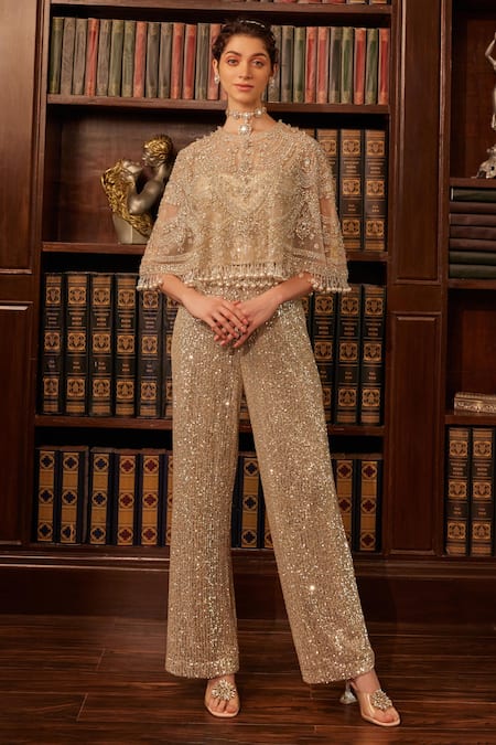 Cherie D Enigma Rose Bloom Embroidered Cape Pant Set 