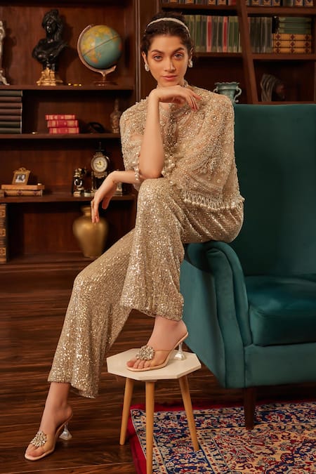 Buy_Cherie D_Grey Tulle Sequins Enigma Rose Bloom Embroidered Cape Pant Set _Online_at_Aza_Fashions