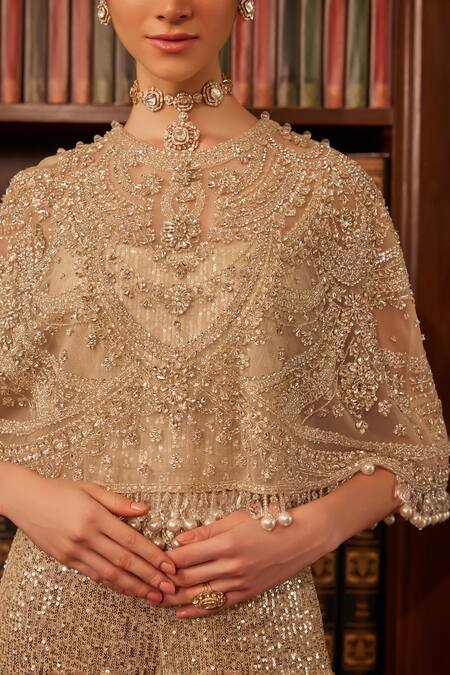 Shop_Cherie D_Grey Tulle Sequins Enigma Rose Bloom Embroidered Cape Pant Set _Online_at_Aza_Fashions