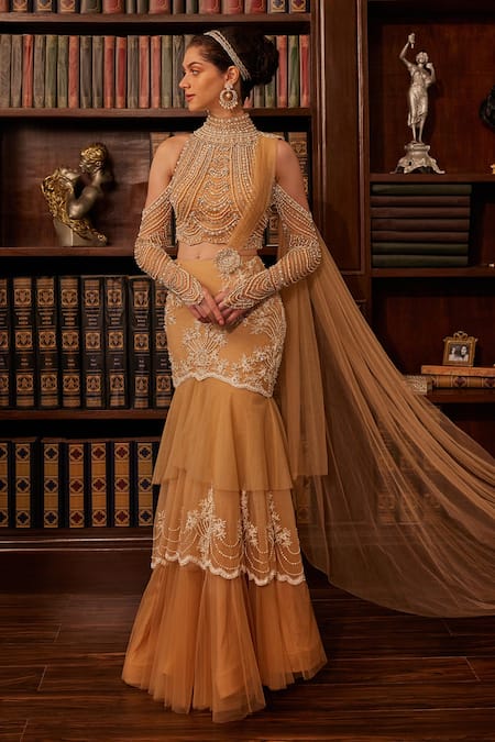 Cherie D Beige Tulle Illusion Astron Crystal Embellished Pre Draped Lehenga Saree Set 