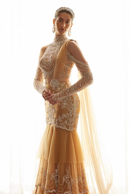 Buy_Cherie D_Beige Silk, Tulle Illusion Astron Embellished Pre Draped Lehenga Saree Set _Online_at_Aza_Fashions
