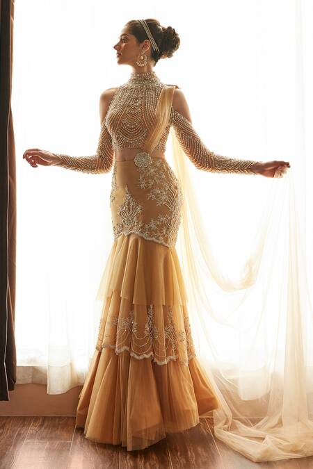 Shop_Cherie D_Beige Silk, Tulle Illusion Astron Embellished Pre Draped Lehenga Saree Set _Online_at_Aza_Fashions