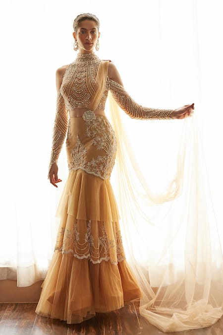 Cherie D_Beige Silk, Tulle Illusion Astron Embellished Pre Draped Lehenga Saree Set _at_Aza_Fashions