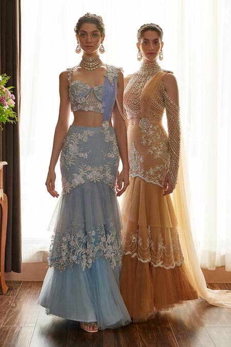 Shop_Cherie D_Beige Silk, Tulle Illusion Astron Embellished Pre Draped Lehenga Saree Set 