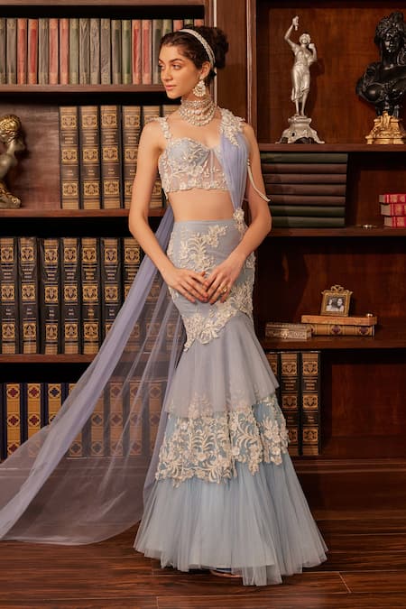 Cherie D Blue Tulle Embroidery Pearl Sweetheart Mystery Iris Bloom Lehenga Saree Set 