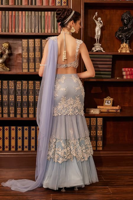 Cherie D Mystery Iris Bloom Embroidered Lehenga Saree Set 