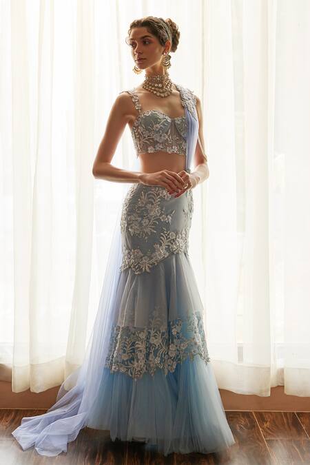 Buy_Cherie D_Blue Silk, Tulle Crystals, Pearls, Mystery Iris Bloom Lehenga Saree Set 