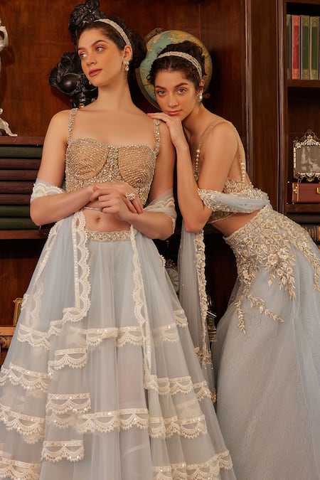 Buy_Cherie D_Blue Silk, Tulle Rhinestones, Oh Lala Scallop Thread And Embellished Lehenga Set _Online_at_Aza_Fashions