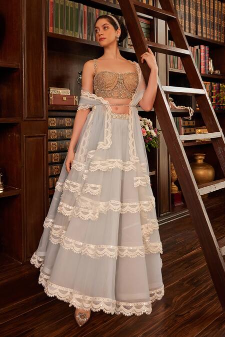 Shop_Cherie D_Blue Silk, Tulle Rhinestones, Oh Lala Scallop Thread And Embellished Lehenga Set _Online_at_Aza_Fashions