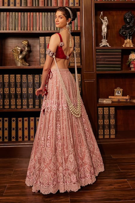 Cherie D_Pink Tulle, Silk, Velvet Sequins, Paramour Embroidered Lehenga With Blouse _at_Aza_Fashions